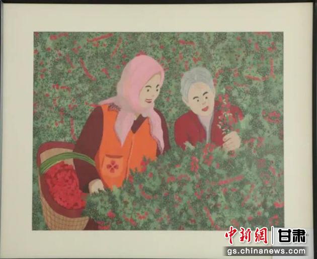 靖遠縣枸杞種植業(yè)帶動10多萬農(nóng)民脫貧致富。刺繡 王明風 繡稿 胡靜 靖遠縣枸杞種植業(yè)帶動10多萬農(nóng)民脫貧致富。刺繡 王明風 繡稿 胡靜